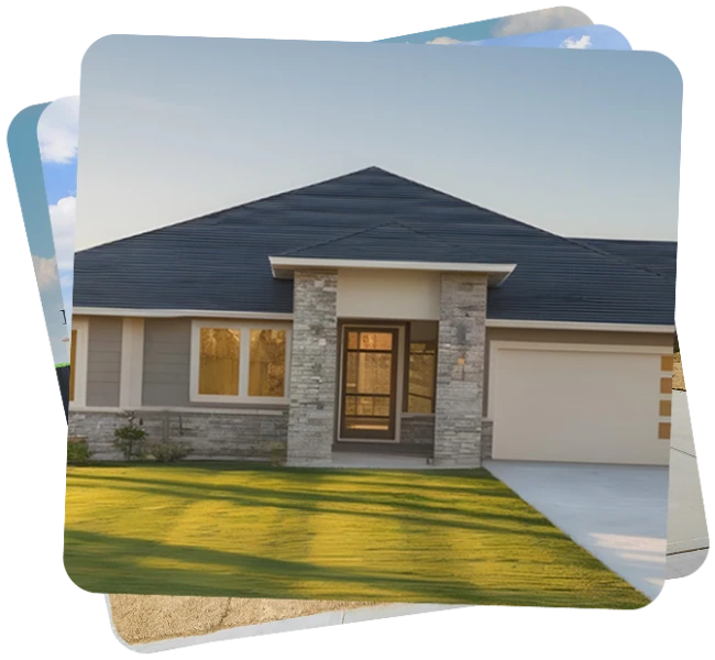 Modern single-story house with stone facade and large windows. A manicured lawn and clear blue sky create a serene and inviting atmosphere
